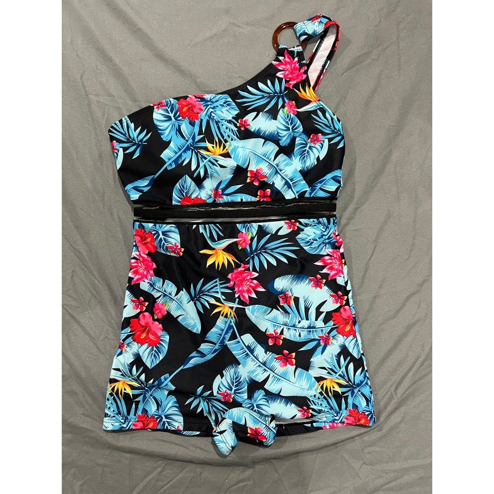 Bauhinia Tropical Swim Suit Womens M Floral One Shoulder Romper Playsuit